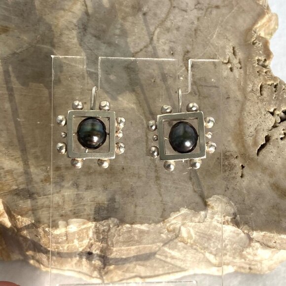 Sterling Silver 925 Modernist Style Square Freshwater Pearl Dangle Earrings - Picture 12 of 16